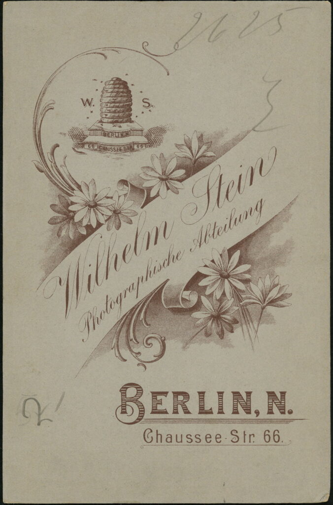 Reverse of a monochrome photographic portrait from between 1865 and the 1920s taken by Wilhelm Stein, Chaussee-Straße 66, Berlin