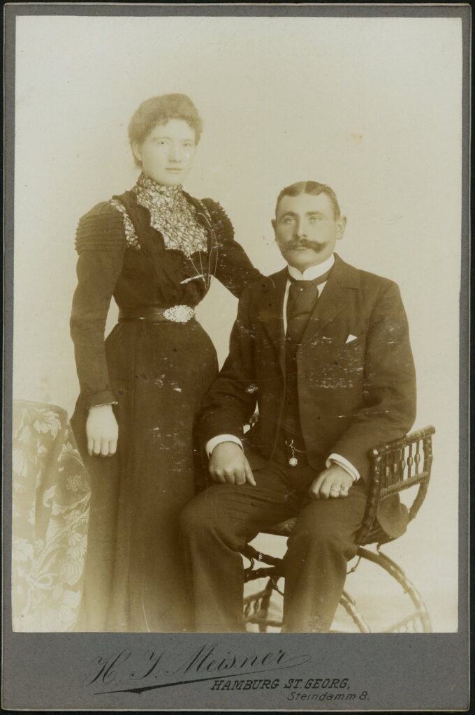 A monochrome photographic portrait from between 1865 and the 1920s taken by H. J. Meisner, Steindamm 8, Hamburg-St Georg