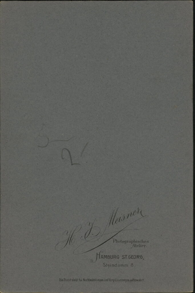 Reverse of a monochrome photographic portrait from between 1865 and the 1920s taken by H. J. Meisner, Steindamm 8, Hamburg-St Georg