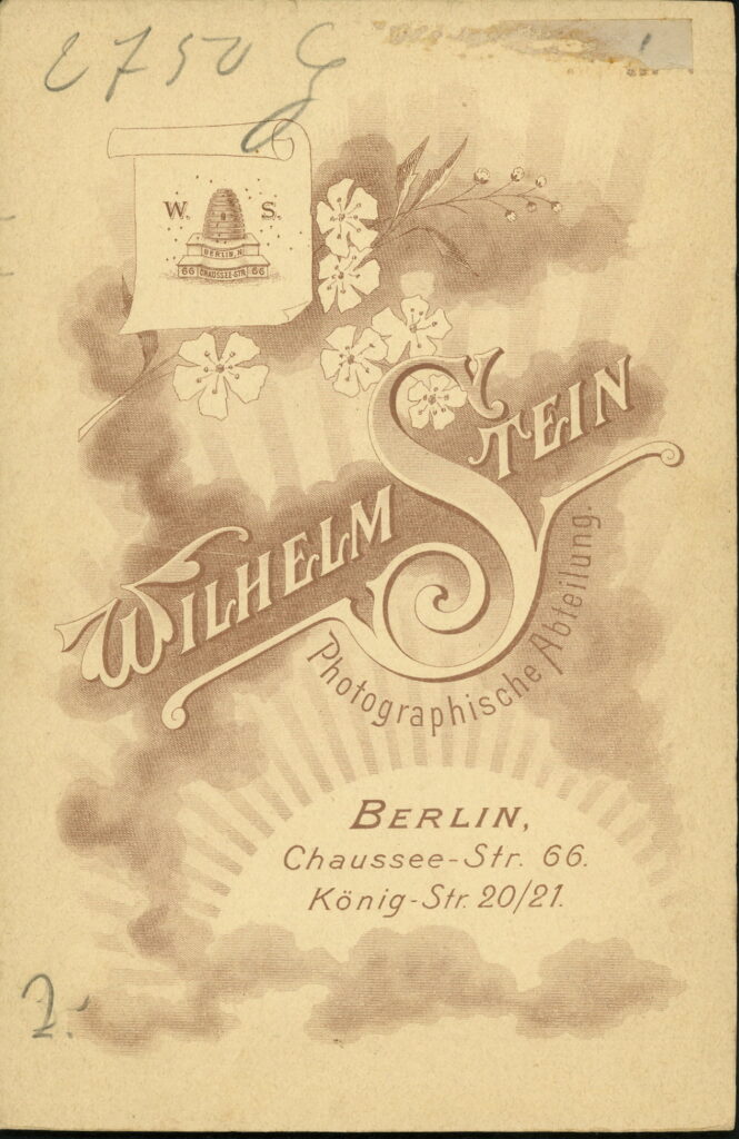 Reverse of a monochrome photographic portrait from between 1865 and the 1920s taken by Wilhelm Stein, Chaussee-Straße 66, Berlin and König-Straße 20 / 21, Berlin