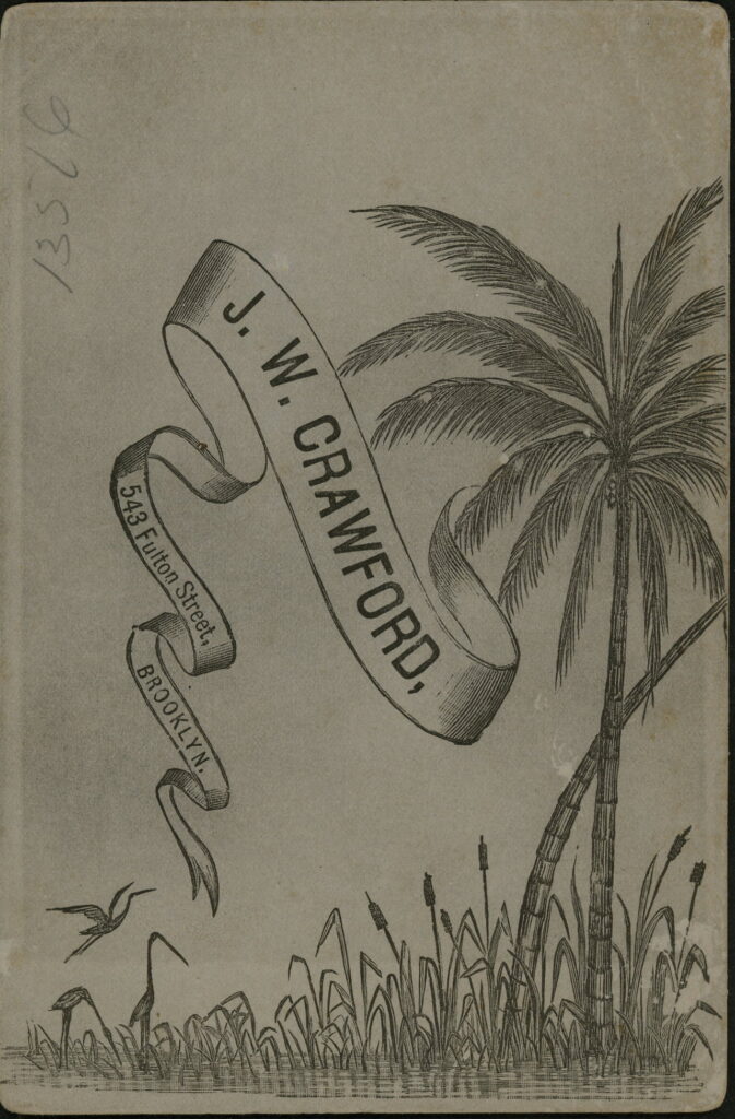 Reverse of a monochrome photographic portrait from between 1865 and the 1920s taken by J. W. Crawford, 543 Fulton Street, Brooklyn