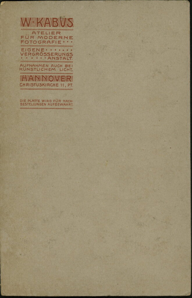 Reverse of a monochrome photographic portrait from between 1865 and the 1920s taken by W. Kabus, Christuskirche 11, Hannover