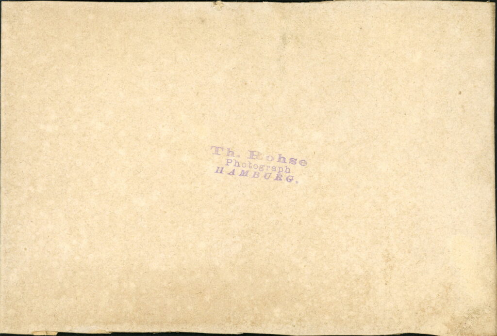 Reverse of a monochrome photographic portrait from between 1865 and the 1920s taken by Th. Rohse, Hamburg
