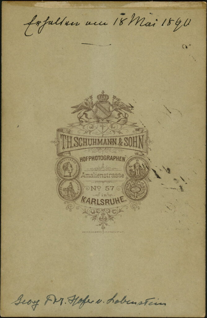 Reverse of a monochrome photographic portrait from between 1865 and the 1920s taken by Th. Schuhmann & Sohn, Amalienstraße 57, Karlsruhe and dated 1890