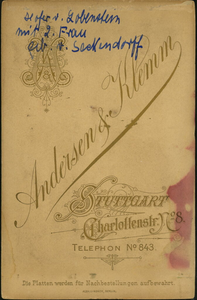 Reverse of a monochrome photographic portrait from between 1865 and the 1920s taken by Andersen & Klemm, Charlottenstraße 8, Stuttgart