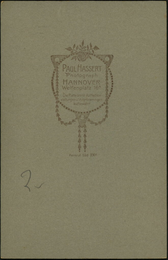 Reverse of a monochrome photographic portrait from between 1865 and the 1920s taken by Paul Hassert, Welfenplatz 16a, Hannover