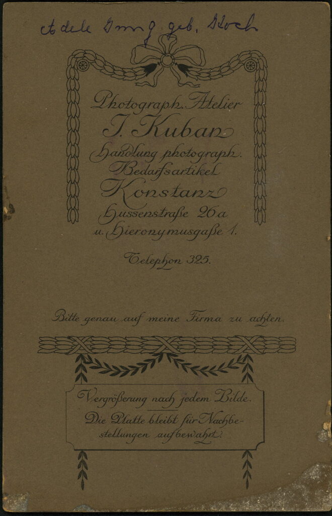 Reverse of a monochrome photographic portrait from between 1865 and the 1920s taken by J. Kuban, Hussenstraße 26a u. Hieronymusgasse 1, Konstanz