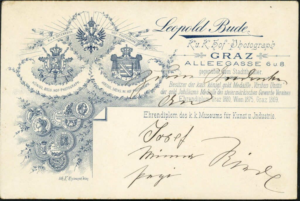 Reverse of a monochrome photographic portrait from between 1865 and the 1920s taken by Leopold Bude, Alleegasse 6 / 8, Graz
