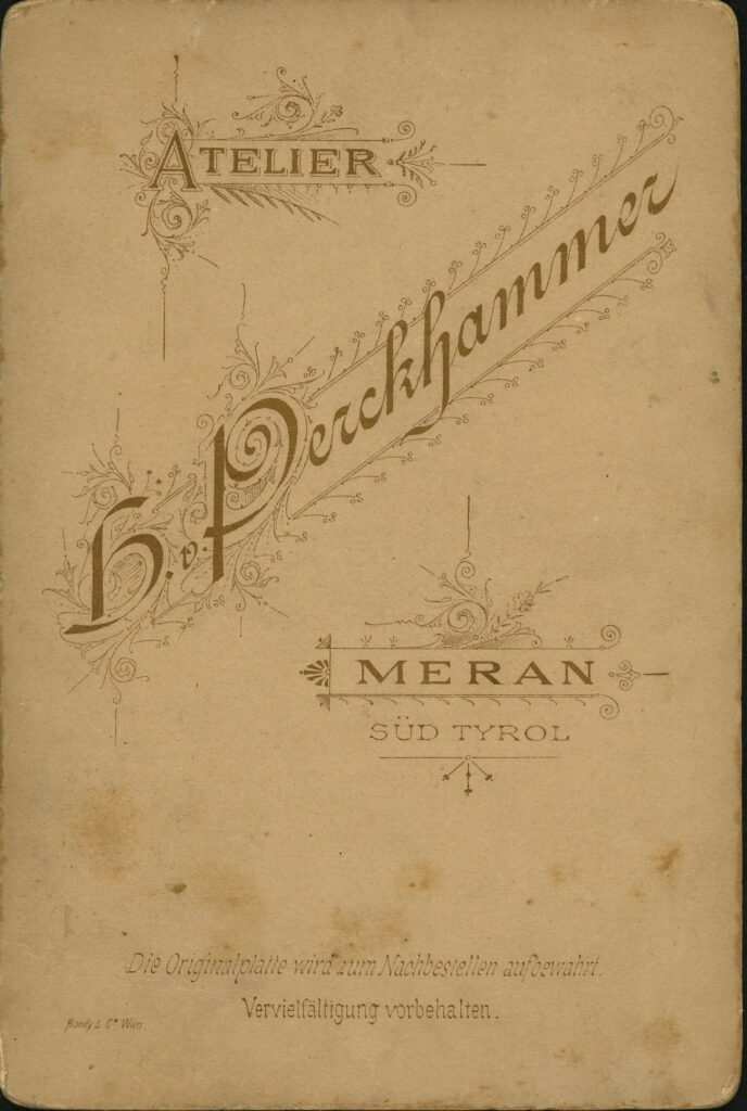 Reverse of a monochrome photographic portrait from between 1865 and the 1920s taken by H. v. Perckhammer, Meran, Süd Tyrol