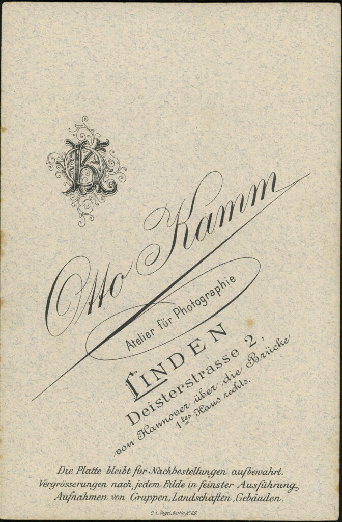 Reverse of a monochrome photographic portrait from between 1865 and the 1920s taken by Otto Kamm, Deisterstraße 2, Linden