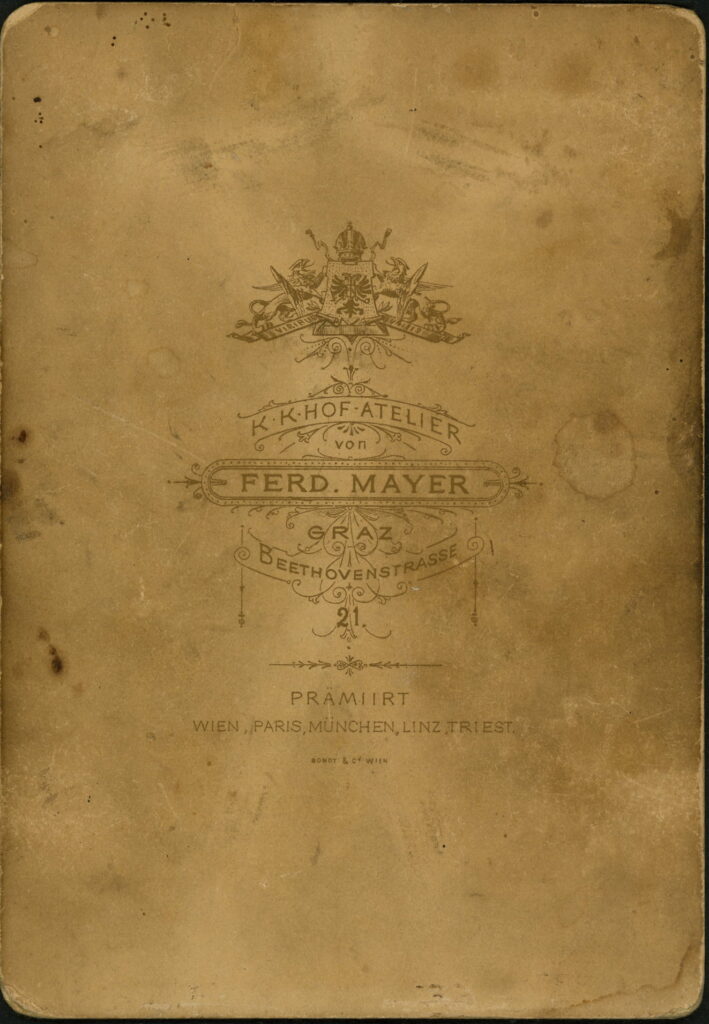 Reverse of a monochrome photographic portrait from between 1865 and the 1920s taken by Ferd. Meyer, Beethovenstraße 21, Graz