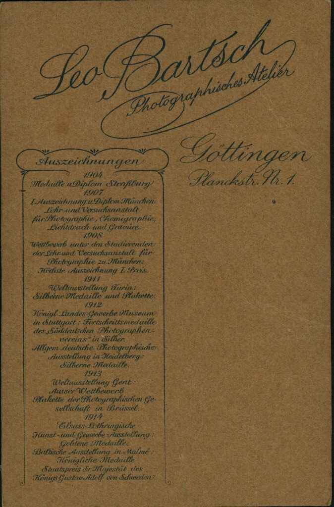 Reverse of a monochrome photographic portrait from between 1865 and the 1920s taken by Leo Bartsch, Planckstraße 1, Göttingen