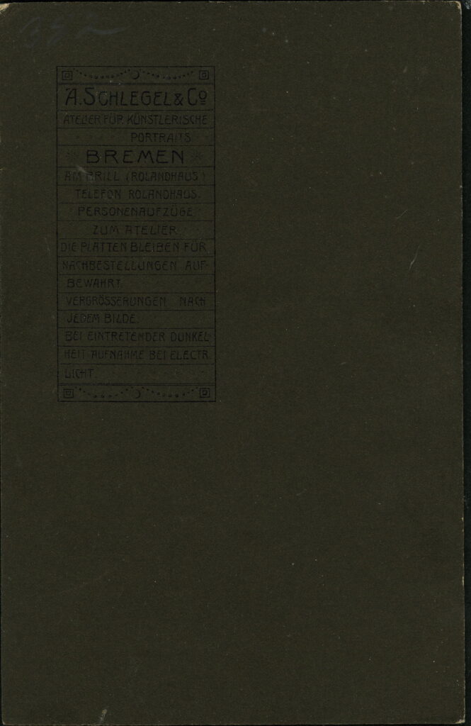 Reverse of a monochrome photographic portrait from between 1865 and the 1920s taken by A. Schlegel, Am Brill (Rolandhaus), Bremen