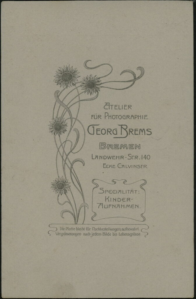 Reverse of a monochrome photographic portrait from between 1865 and the 1920s taken by Georg Brems, Landwehr-Straße 140, Bremen