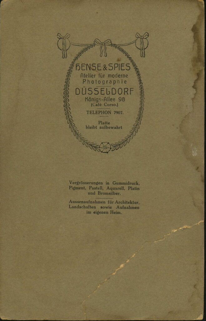 Reverse of a monochrome photographic portrait from between 1865 and the 1920s taken by Hense & Spies, Königs-Allee 98, Düsseldorf
