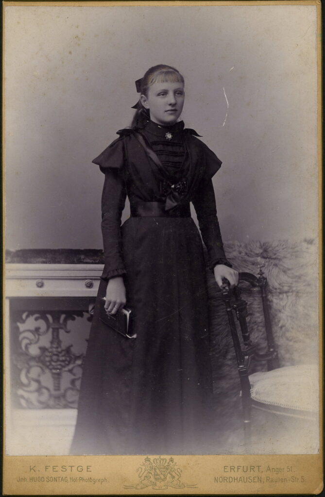 A monochrome photographic portrait from between 1865 and the 1920s taken by K. Festge, inh. Hugo Sontag, Anger 51, Erfurt and Rauten-Straße 5, Nordhausen