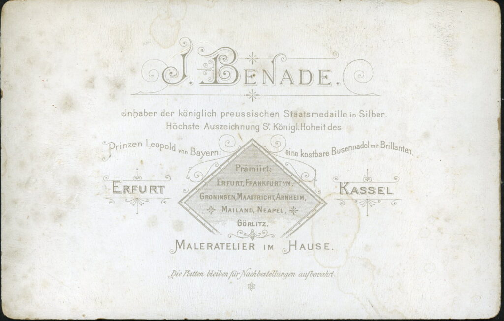 Reverse of a monochrome photographic portrait from between 1865 and the 1920s taken by J. Benade, Erfurt and Kassel