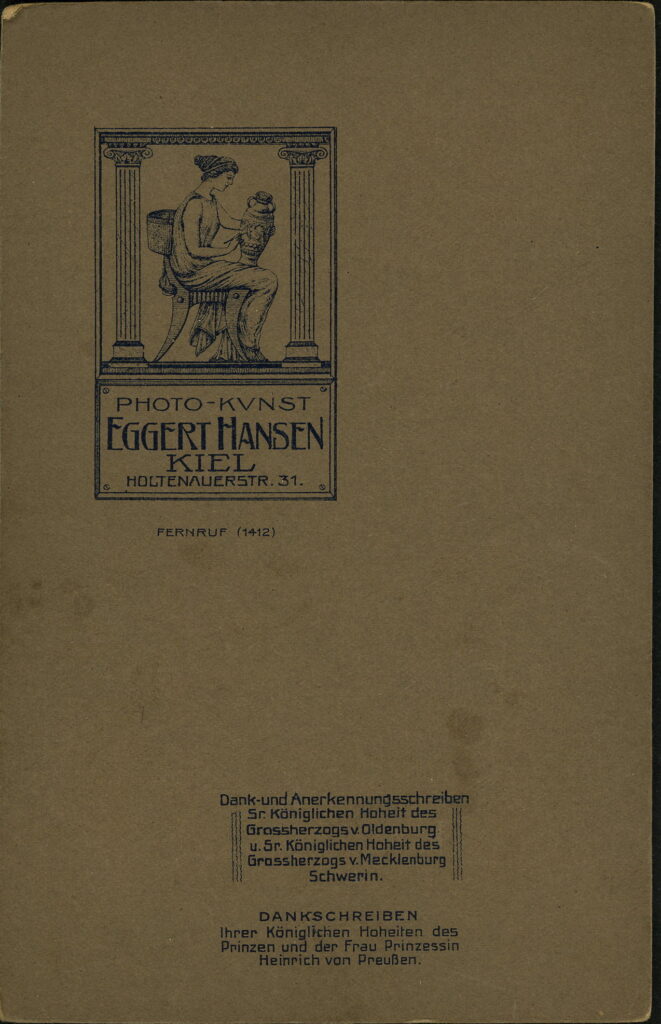 Reverse of a monochrome photographic portrait from between 1865 and the 1920s taken by Eggert Hansen, Holtenauerstraße 31, Kiel