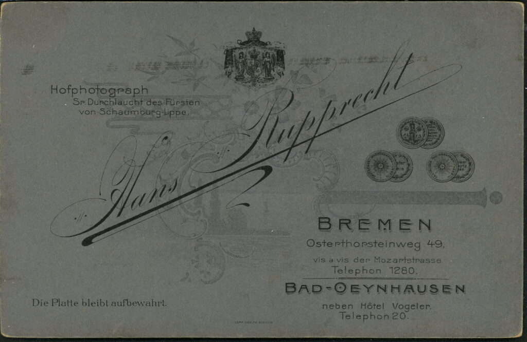 Reverse of a monochrome photographic portrait from between 1865 and the 1920s taken by Hans Rupprecht, Osterthorsteinweg 49, Bremen and Bad-Oeynhausen