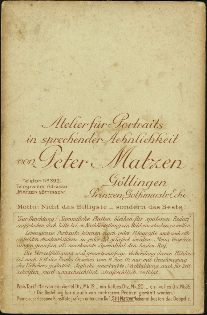 Reverse of a monochrome photographic portrait from between 1865 and the 1920s taken by Peter Matzen, Prinzen-Gothmarstraße Ecke, Göttingen