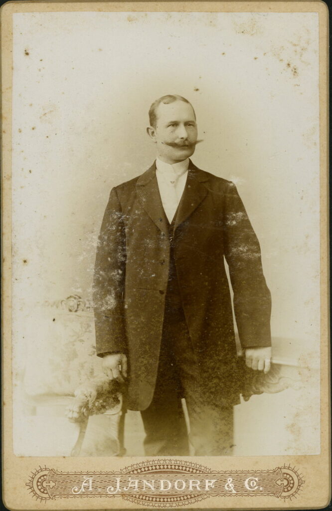 A monochrome photographic portrait from between 1865 and the 1920s taken by A. Jandorf, Leipziger-Straße 64, Berlin, Spittel-Markt 16 / 17, Berlin and Belle-Alliance-Straße 1 & 2, Berlin