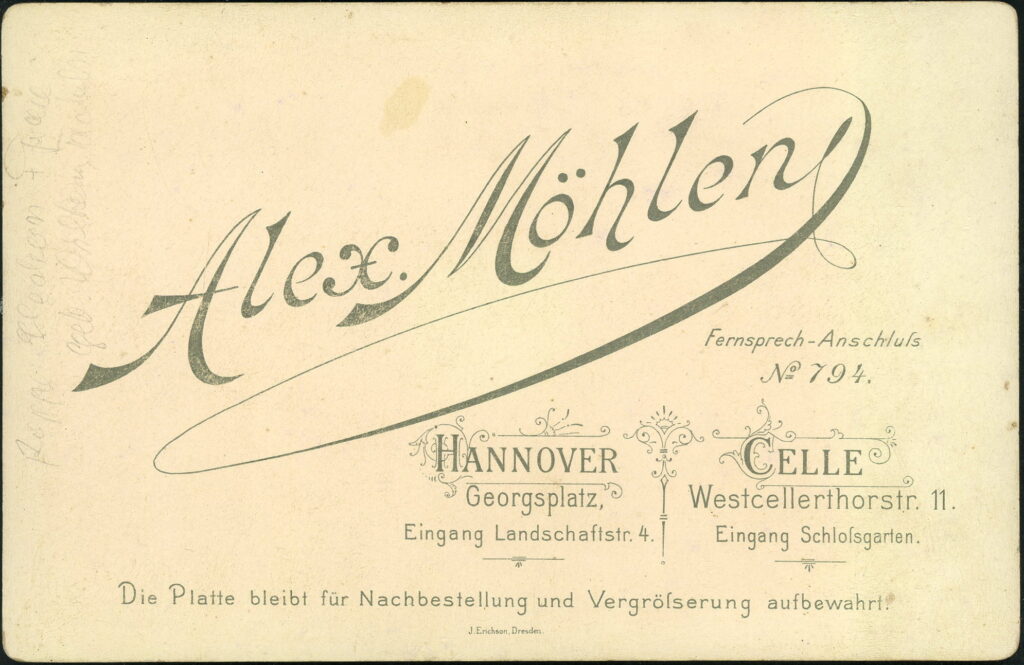 Reverse of a monochrome photographic portrait from between 1865 and the 1920s taken by Alex. Möhlen, Georgsplatz, Hannover and Westcellerthorstraße 11, Celle